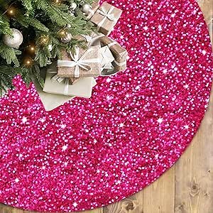 FOTSHARER Hot Pink Christmas Tree Skirt - 36 Inch Shiny Sequin Velvet Mermaid Glitter Tree Skirt - Perfect for Personalized Xmas Tree Decorations