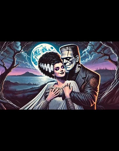 Moonlight Love - Art Prints LowbrowArtCo.com Art by Obsidian Owl #lowbrowart #popsurrealism #artgalleries #artprints #art #artgallery #monsterart #horrorart #brideoffrankenstein #frankensteinart | Lowbrow Art Company