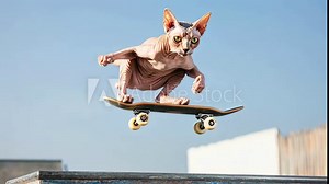 A playful hairless cat performing tricks on a skateboard in an urban skate park under a clear blue sky.