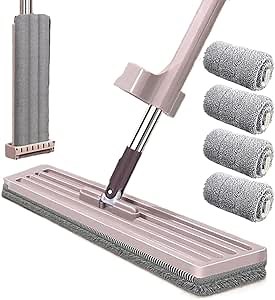 Lazy Person's 360° Rotatable Adjustable Hands-Free Wet & Dry Flat Floor Mops - Self Wringing Microfiber Flat Mops for Floor Cleaning (With 4 Cloth, 42*12CM)