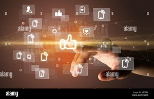 Hand pressing social media multimedia application screen with media icons on futuristic concept Stock Photo - Alamy