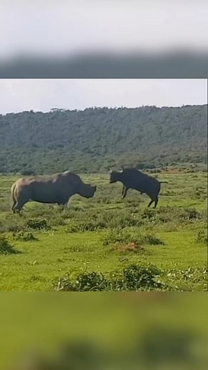 Rhinos and buffalos are known to occasionally engage in conflicts or fights, especially when they compete for resources like water or territory. However, it would be inaccurate to say that they fight often. These encounters are relatively rare in the wild and occur mostly during mating seasons or for establishing dominance. Both rhinos and buffalos have formidable strength and can be quite aggressive, so they tend to avoid confrontations unless necessary. The Rhino in this clip seems to have bee