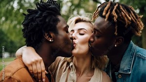 Polyamorous people, Smiling young woman living in a Polyamorous relationship with two men, posing at a park
