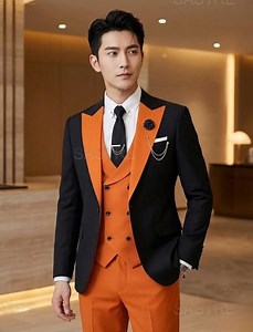 Black & Burnt Orange Suit | Slim Fit Terry Rayon 3-piece Tuxedo - Etsy Australia