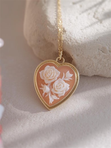Pink Shell Heart Cameo Necklace Brooch, Hand Carved Rose Bouquet, 18K Gold Plated 925 Sterling Silver, Italian Handmade Jewelry - Etsy