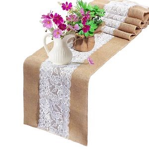 [Hot Item] Burlap Table Runner with White Lace Hessian Table Cloth