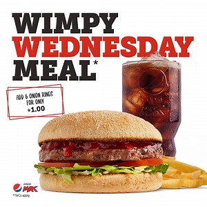 Deals on Wimpy meals – every #WimpyWednesday! Eat in and takeaway customers can grab one of five familiar Wimpy favourites with Wimpy Chips & any Sparkling or Regular Hot Drink. Available every Wednesday at participating restaurants. ❤️ *T&Cs apply – Choose from Wimpy Hamburger, Cheeseburger, Spicy Bean, Chicken Wrap or Bendy & Cheese. Meal includes Wimpy Chips & any sparkling, fruit juice or hot drink. Thick Shake upgrade available. No substitutes on items offered. #WimpyUk #WimpyWednesday #Com