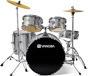 Drum Set Full Size, 5-Piece 22 Inch Student Drum Set for Adults Acoustic Drum Kit for Beginner Junior Teens with Cymbals Stands Stool Pedal and Sticks, Silver, by Vangoa…