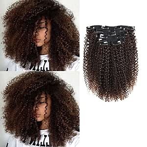 African American Afro Kinky Curly Clip in Hair Extensions Human Hair Double Weft Top Grade 7A Brazilian unprocessed Virgin Hair Clip ins Hair Extensions 7pieces/set (160g 18" Dark Brown KC)