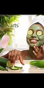 Novarts Masque Visage Bio Une publicité rafraîchissante pour les soins de la peau une femme noir, appliquant un masque à l'argile verte,avec des tranches de concombre et des feuilles d'aloe vera au premier plan. Le style est minimaliste, bio, et hautement esthétique — parfait pour une marque de cosmétique naturelle ou une campagne bien-être. � Créé avec l’intelligence artificielle (Gemini, Midjourney, Google AI), à partir d’un prompt structuré pour capturer l’essence du soin bio et l’élégance vi
