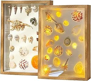 Shadow Box Frame Seashell Display Box 12x9 with Fairy Light and Pearl Shadow Box Display Case Box 1 Pack (Burlywood), BKP09
