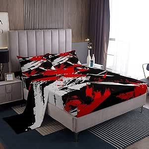 jejeloiu Geometric Abstract Bed Sheets Set Kids Geometry Strip Sheet Set Modern Sheets with Deep Pocket Fitted Sheet for Boys Room Decor Lightweight Retro Art Red Black Grey Bedding Set Queen Size