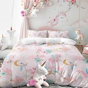 BEDMUST Unicorn Duvet Cover Full - Soft Cute Pink Unicorn Bedding Set with Flowers Leaves and Blue Birds Print Pattern 3 Piece Unicorn Bed Set for Teen Women Aldults (Full, Gold Moon)