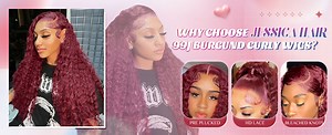 Jessica Hair 7x6 Glueless Wigs Burgundy HD Lace Front Wigs Pre Plucked 180% Density 7x6 Lace Front Wigs with Bleached Knots Wine Red Colored Jerry Curly Wigs(18 Inch)