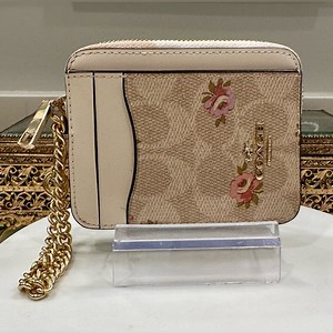 Coach - Signature Print Canvas with Floral Motif Compact Zip Card Case EUC