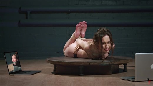 RF Studio Production - Scared Home Girl Is Hogtied In Lingerie On A Turntable Showing Oily Soles