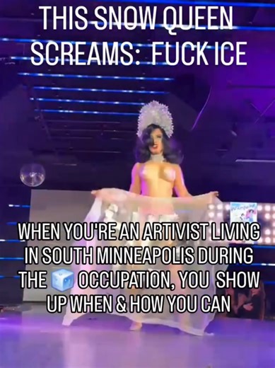 Today I celebrate 22 years of burlesque as Sweetpea. This artistry has always been political. A body onstage, revealing itself in power and purpose, has always been a statement. Joy has always been a form of resistance. And in moments like this, when it feels impossible to do anything that matters, we keep showing up in all the ways we can. Last weekend, I brought Snow Queen to the stage with an added message. This past week, I joined neighbors for RR & patrol, and gathered friends at @volsteads