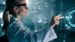 Download Young girl manager businesswoman interacts with AI AR holographic interface UI science research female scientist modern technology lab VR virtual reality artificial intelligence network for free