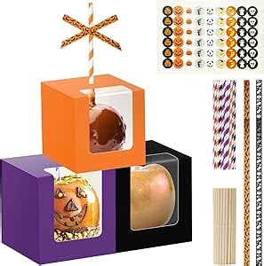60 Sets Halloween Kraft Candy Apple Boxes with 60Pcs Hole Stick and Colorful Straws, 2Pcs Ribbons and Stickers, 4 x 4 x 4 Inch Window Clear Caramel Favor Boxes for Cake, Cookies Chocolate, Candied