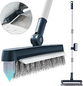 Magic Broom Brush, 2 in 1 Floor Scrub Brush with Long Handle Grout Brush V-Shape Stiff Bristle Floor Scrubber with Squeegee 180°Rotating, Shower Scrubber Brush for Cleaning Bathroom, Kitchen, Wall