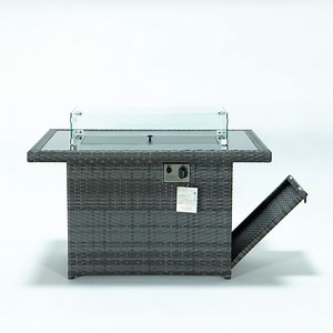 [Hot Item] Garden Wicker Fire Pit Table with Glass Fence Wind Guard Outdoor Gas Fire Pit Table