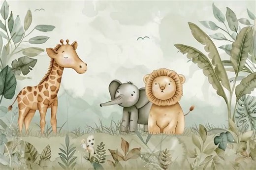 Safari Jungle Animal Wallpaper Mural – Cute Giraffe Elephant Lion Nursery Wall Decor, Kids Room Jungle Theme, Baby Shower Gift Peel & Stick - Etsy