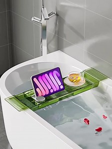 Bathtub Tray Caddy Expandable, Plastic Drain Bath Shelf Caddy Fits All Tubs, Simple Stylish Bathtub Storage Rack Best Gift for New Home, Anniversary, Wedding, Bridal (Green)