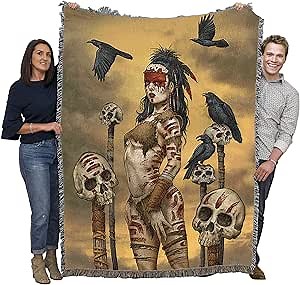 Pure Country Weavers Raven Spirit Warrior with Skulls Blanket by Mitch Foust - Gift Fantasy Tapestry Throw Woven from Cotton - Made in the USA (72x54)