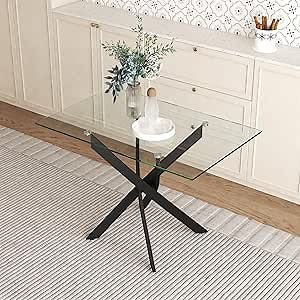 Generic 47.2"" Rectangular Glass Dining Table with Black Metal Tubular Legs Modern Tempered Glass Kitchen Table for Home Office, Clear