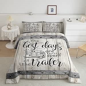 Camper Adventure Comforter Set Queen Size,Happy Camping RV Trailer Decor Bedding Set 3pcs for Kids Boys Girls Adults,Rustic Farmhouse Wood Door Down Comforter,Beige Retro Duvet Insert,2 Pillowcases