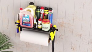 Garage Paper Towel Holder with Shelf, Metal Paper Towel Holder Wall Mounted with 2 Extension Rod, Wall Paper Towel Rack for Garage Tool Room Kitchen Bathroom, Black