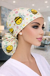 Ponytail Satin Lined Scrub Cap Nurses Bee Print Adjustable Euro Style Medical Hat - Etsy