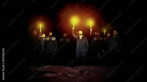 Cartoon animation of male workers raising hands with torches on a black background. Scene. Team of men in the dark.