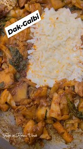 Dak-galbi or spicy stir-fried chicken, is a popular Korean dish made by stir-frying marinated diced chicken in a gochujang-based sauce with sweet potatoes, cabbage, perilla leaves, scallions, tteok (rice cake), and other ingredients. In Korean, galbi means rib, and usually refers to braised or grilled short ribs. Dak-galbi is not made with chicken ribs, however, its name is rather a nickname the post-War dish gained. Many dak-galbi restaurants have round hot plates that are built into the tables