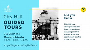 Come take a guided tour of City Hall to learn more about the history of Kingston! Monday-Saturday, departing at 1 p.m., 2 p.m., and 3 p.m. https://bit.ly/3NFx0KG | City of Kingston - Municipal Government | Facebook