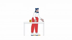 Business casual latina office worker explaining at table 2D character animation. Engaged woman cartoon 4K , alpha channel. Female employee standing behind desk animated person on white background