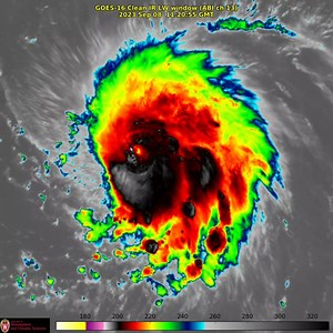Category 5 Hurricane Lee with a barely discernible eye (10nm) following an Eyewall Replacement Cycle (ERC) overnight. This power-packed loop features one hour of GOES East mesoscale Visible and IR imagery in 1-minute increments. | CIMSS