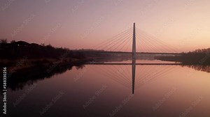 Drone tracks sideways across Northern Spire bridge Sunderland in a spectacular predawn