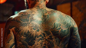 A close-up of a man's back reveals vibrant traditional Japanese tattoos, featuring a dragon entwined with waves and clouds. skin's glossy finish highlights the intricate artistry.