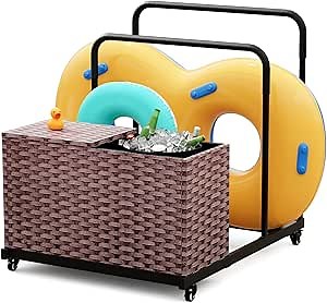 FONTOI Pool Storage, Pool Float Storage Bin with Wheels, Waterproof Metal with Rattan Pattern UV Print Outdoor Pool Towel Rack, All-Weather Float Storage Organizer for Cushions, Brown