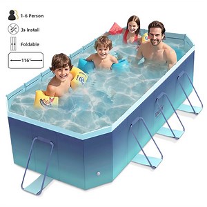 Liyufly Foldable Swimming Pool, Upgraded Non-Inflatable Metal Bracket Outdoor Above Ground Pools for Kids Adults, Blue, 116''x65''x22''