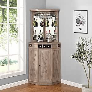 Home Source 73" Tall Corner Storage Cabinet with Wood Doors, Wine Rack, Liquor Glass Holder, Glass Design Large Rustic Bar Hutch for Living Room, Home Office, Kitchen, Small Space, Stone Grey