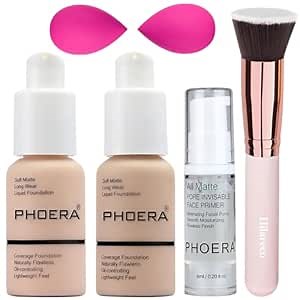 PHOERA Foundation, Full Coverage Foundation, PHOERA Primer, PHOERA Makeup Set, Flat Top Kabuki Makeup Brushes Foundation Brush Powder Brush,2 Pcs Makeup Sponge (102 Nude + 104 Buff Beige)