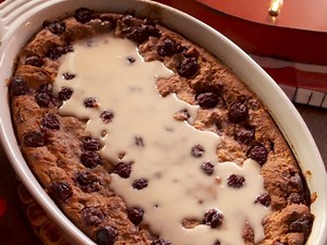 Bourbon-Soaked Cherry Bread Pudding with Vanilla Glaze