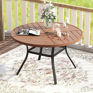 Vicllax Outdoor Patio Dining Table Dia.41" Slatted Tabletop Metal Frame with Umbrella Hole, Walnut - Walmart.com