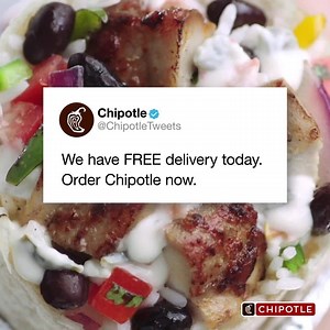 Don’t miss out: we’re serving up FREE delivery. Restaurants Also Open for Carryout. Order Ahead or Get Delivery in the App or Chipotle.com. $10 min/$200 max, excl. tax. 3/15/20-3/31/20 only (subject to extension/cancellation). Additional terms apply: chipotle.com/freedelivery | Chipotle Mexican Grill