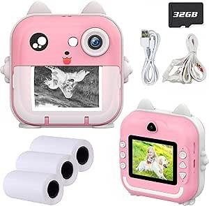 Kids Camera Instant Print Camera for Kids Photo Cameras, Girls Gift Toy Camera for Christmas Birthday Holiday(Pink, 32GB)