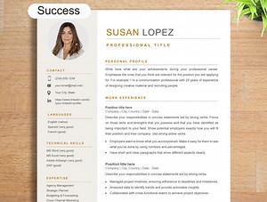 Plantilla de currículum vitae Word, CV moderno, Plantilla de currículum elegante con foto - Etsy México