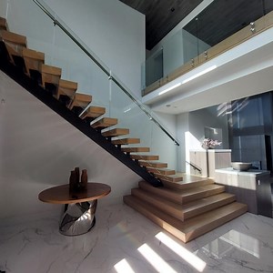 [Hot Item] Staircase Factory Price Modern Steel Straight Wood Staircase Big Landing Mono Stringer Stairs
