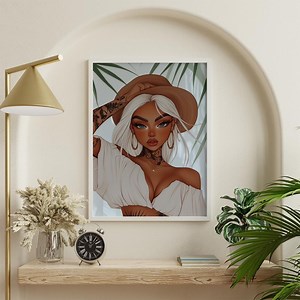 Digital Illustration of a Boho Woman With a Hat - Printable Tropical Art - Chic Tattoo Female Portrait - Modern Wall Decor - Etsy UK